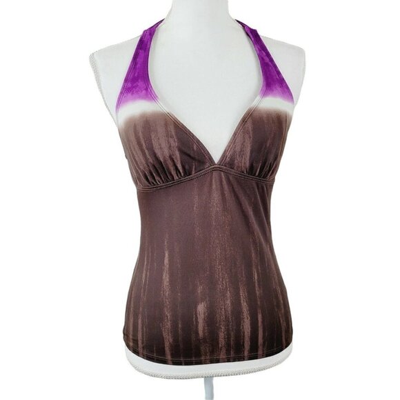 Athleta Sz Small Tankini Top Swim Suit Top Tie-Dye Brown Modest Tie Neck EUC - Picture 1 of 8